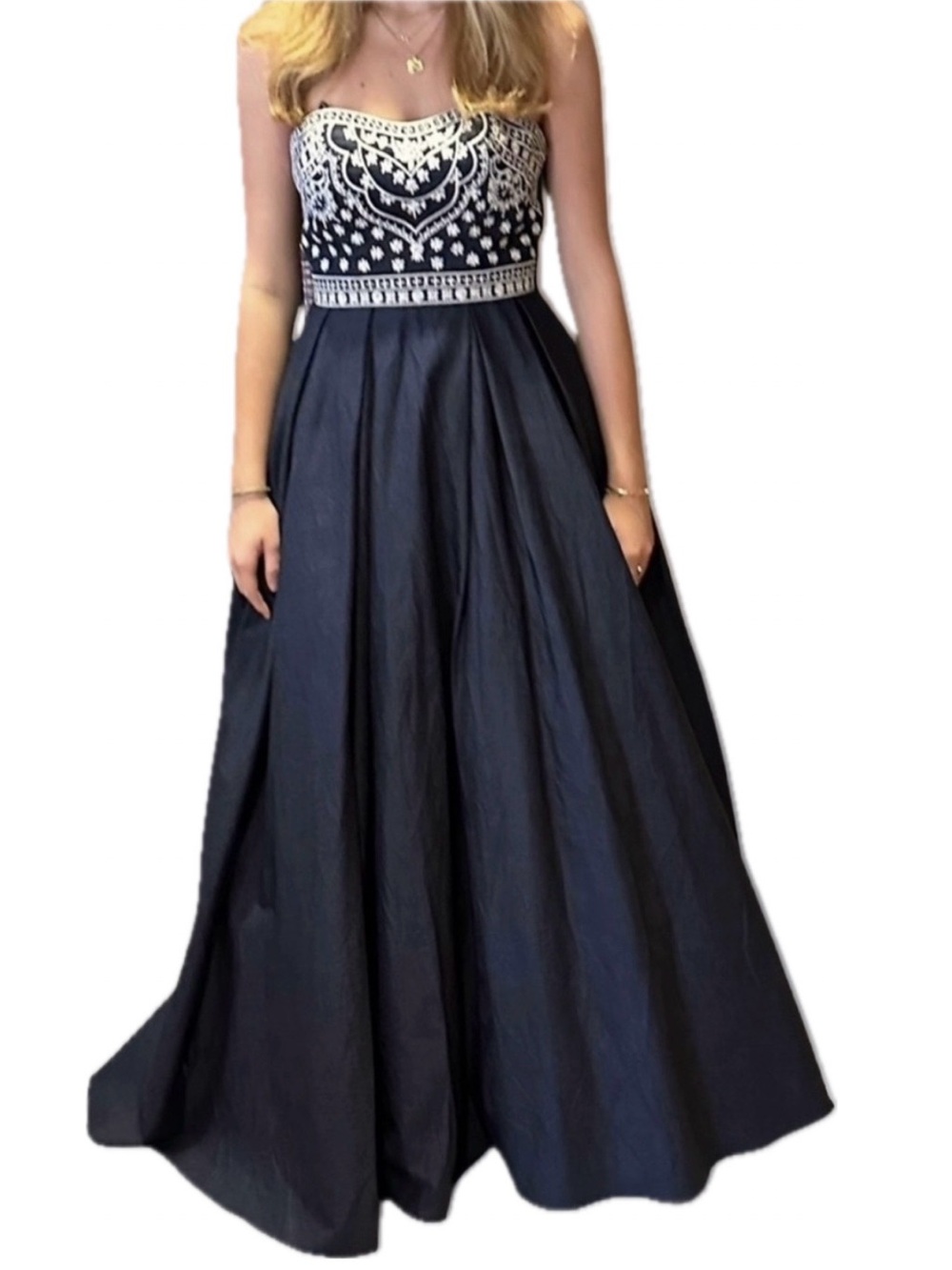 Betsy and Adam Stunning Denim Blue Princess Gown w/ Embroidered Bodice